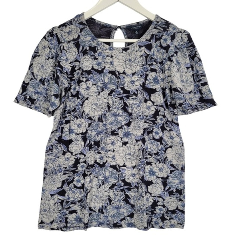 Lucky Brand Navy Blue Floral Cotton Short‎ Sleeve Blouse Keyhole Back Medium